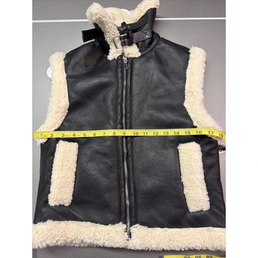 Black Faux Leather Aviator Vest Cream Faux Shearling grunge goth‎ cozy concert